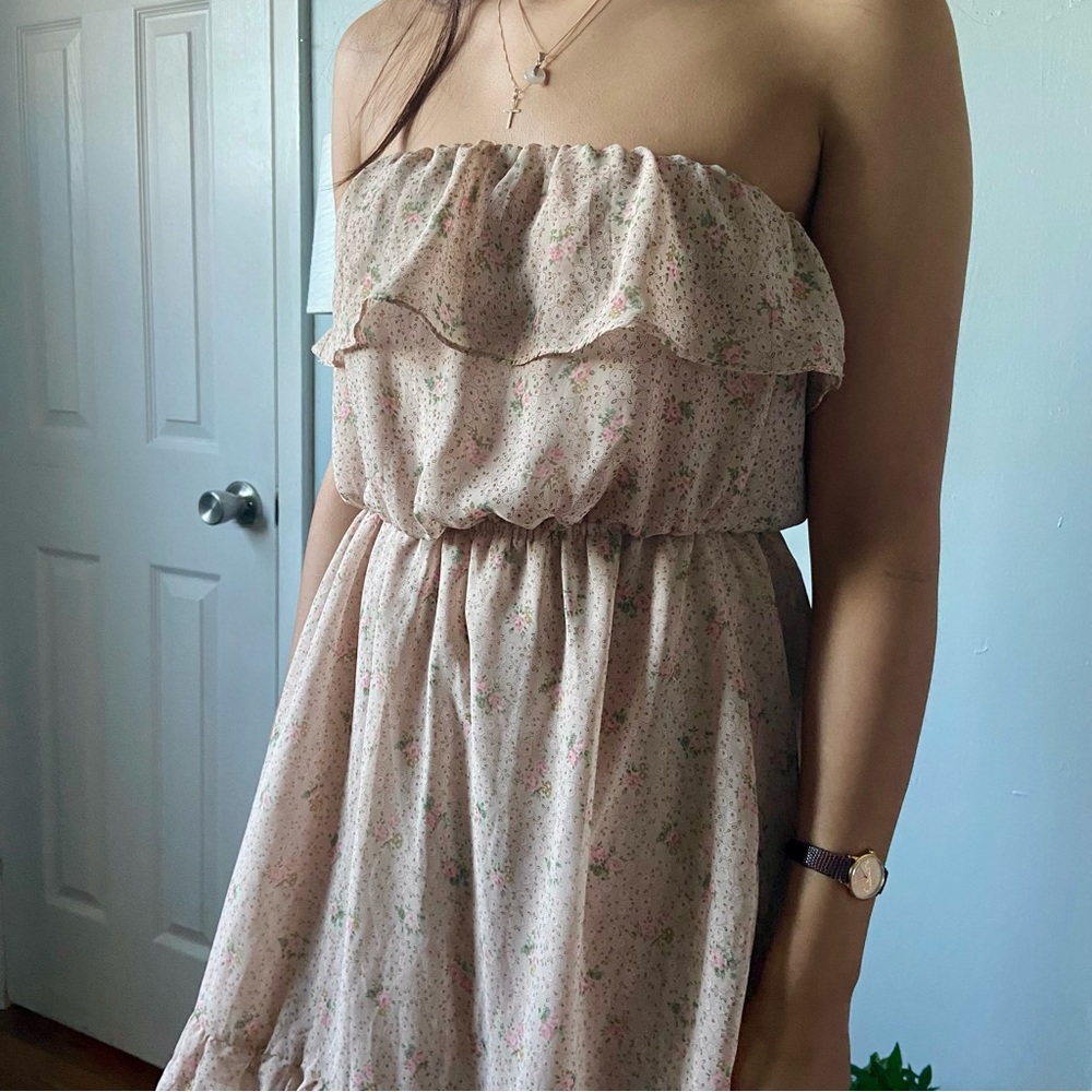 Pink strapless cottage core dress